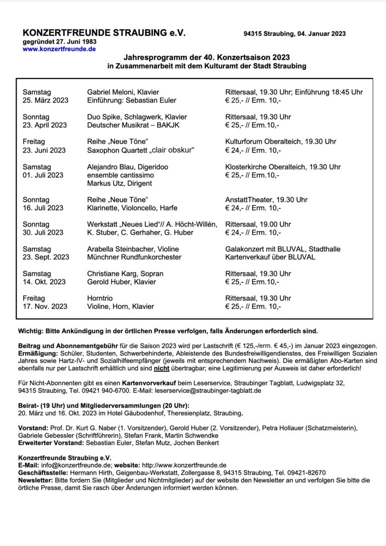 Konzerfreunde Straubing – Jahresprogramm 2023